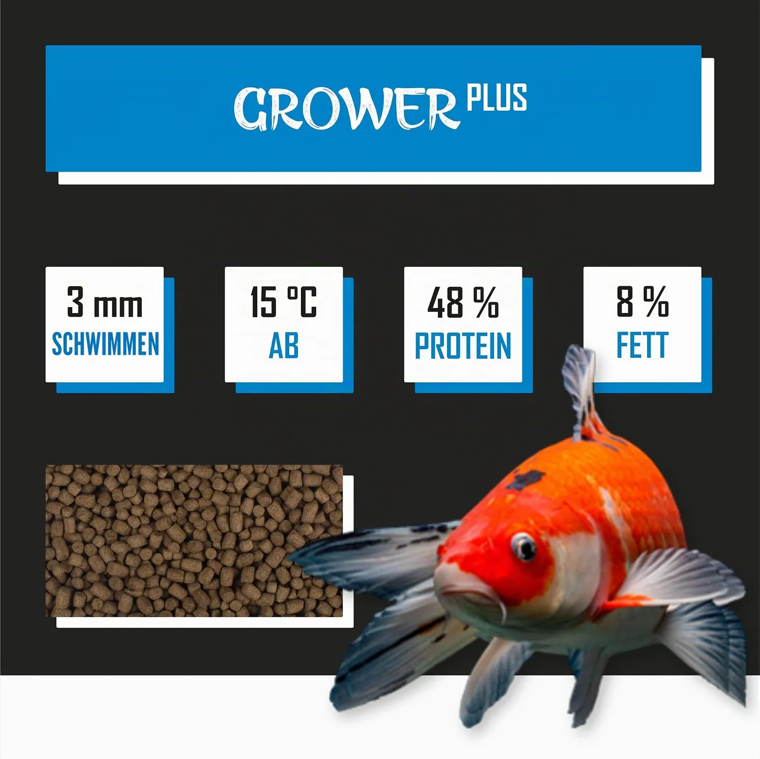 Tanoshi Grower Plus 3mm Koifutter 13,5 kg mit Lachsöl