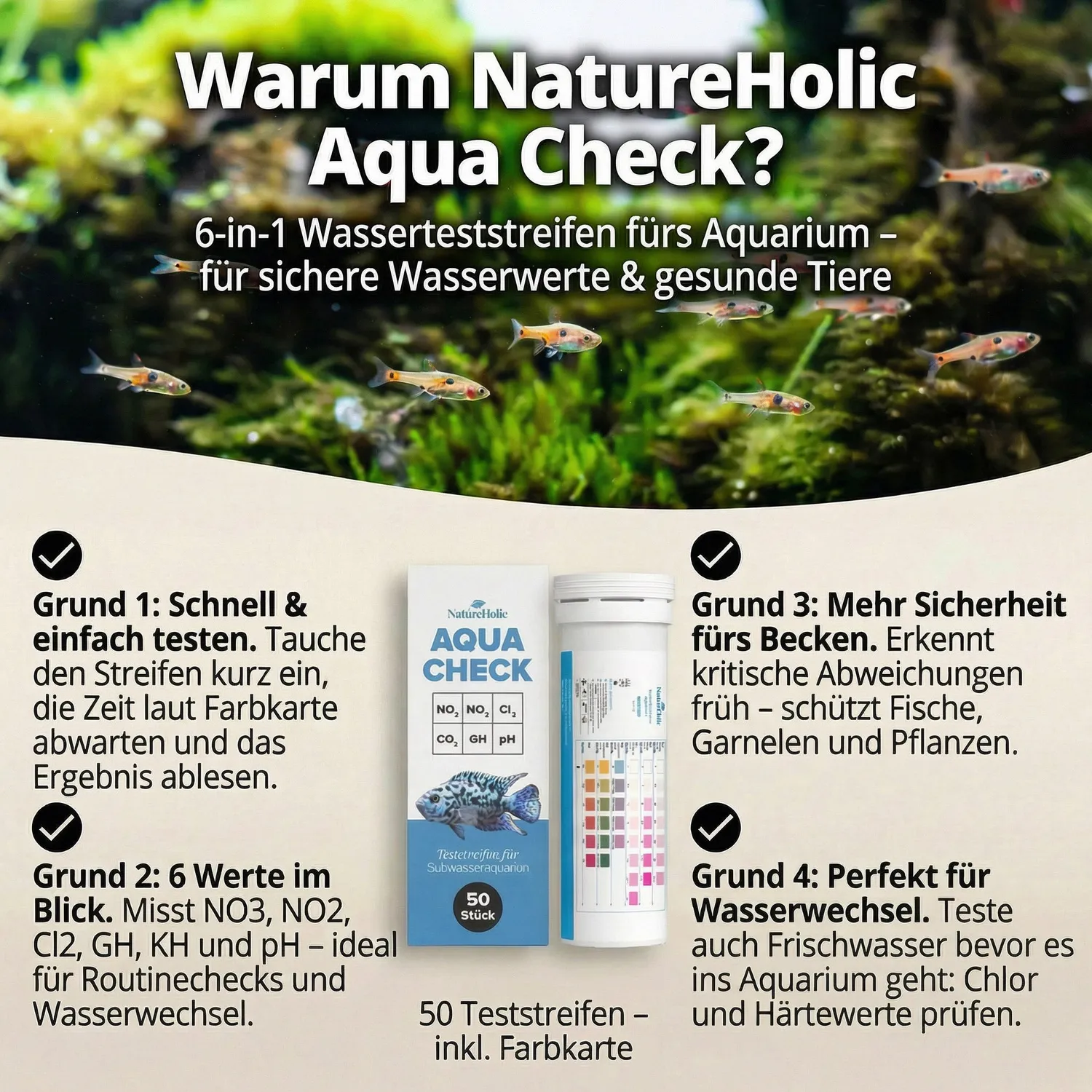NatureHolic Aqua Check 6-in-1 Wassertest Teststreifen 50 Stück