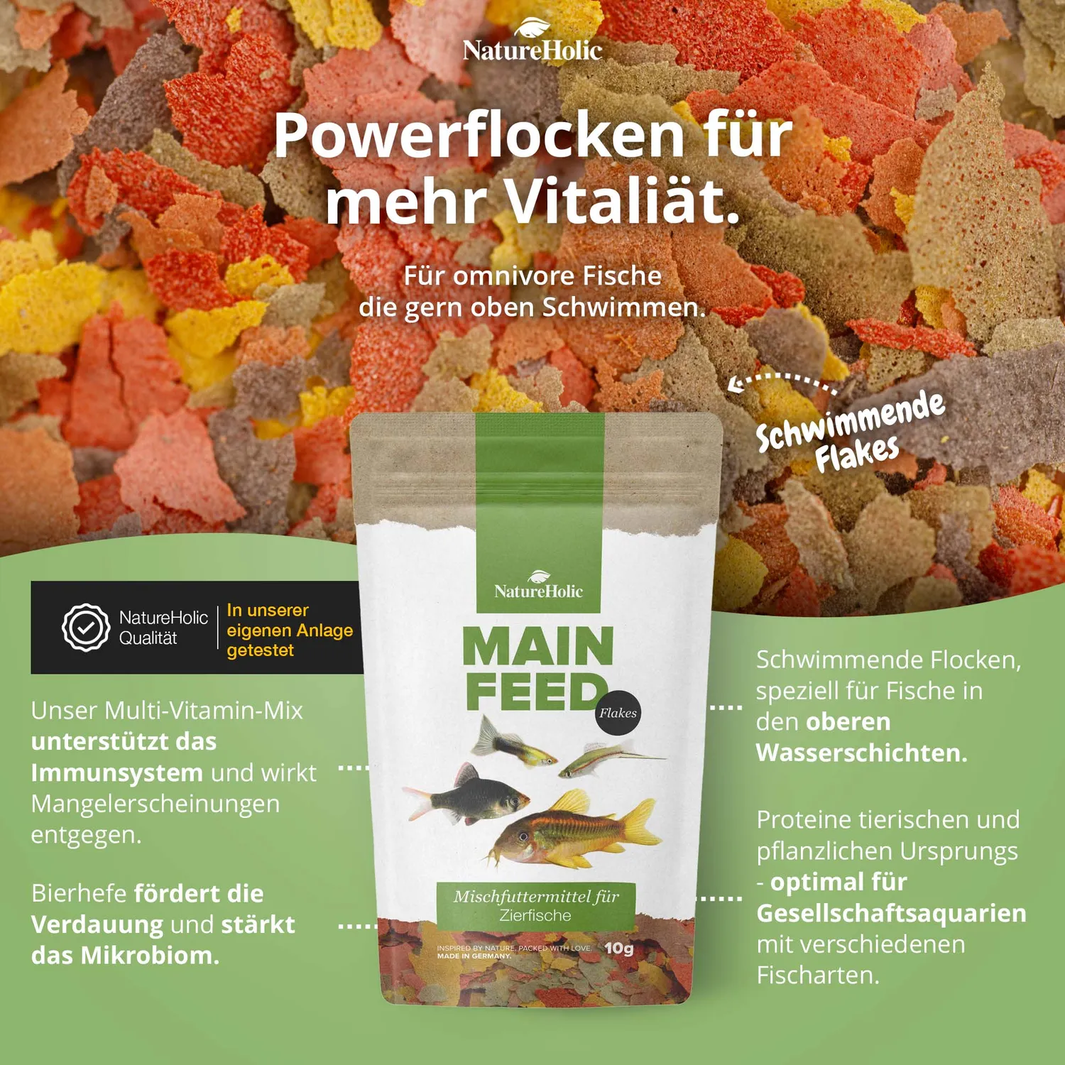 NatureHolic Hauptfeed Flocke Flockenfutter 10g für Allesfresser