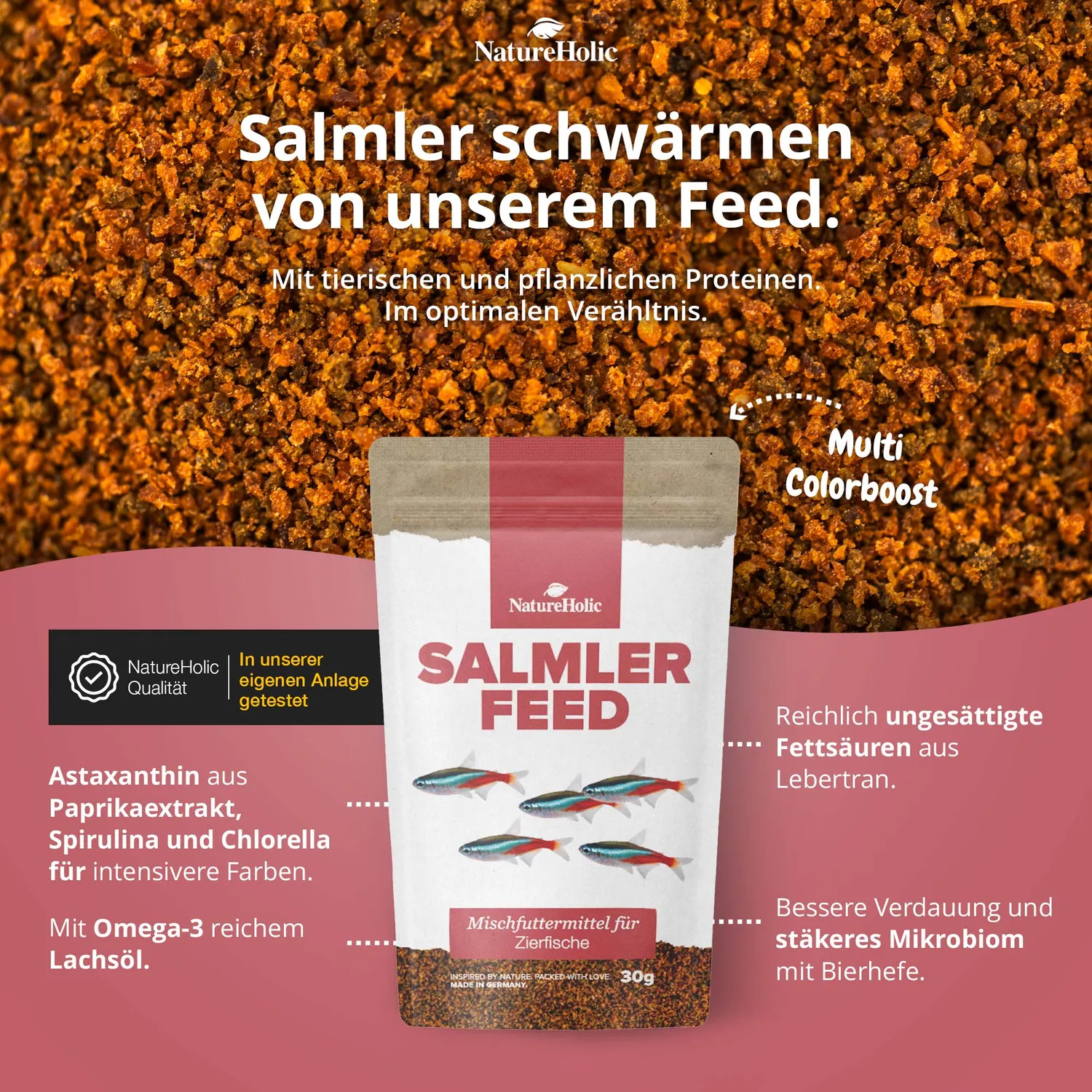 NatureHolic SalmlerFeed Fischfutter 30 g Granulat mit Spirulina
