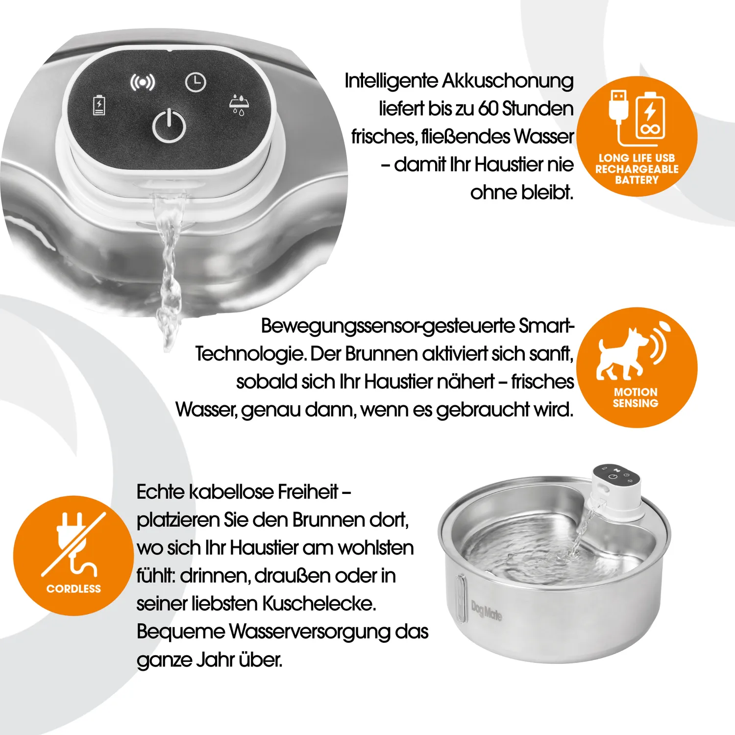 Dog Mate Trinkbrunnen Edelstahl 8 Liter kabellos