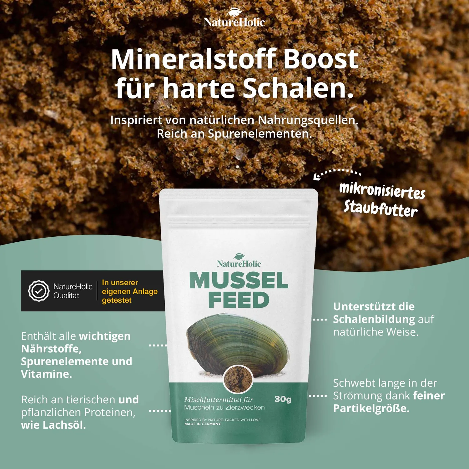 NatureHolic MusselFeed Muschelfutter Staubfutter 30 g mineralreich