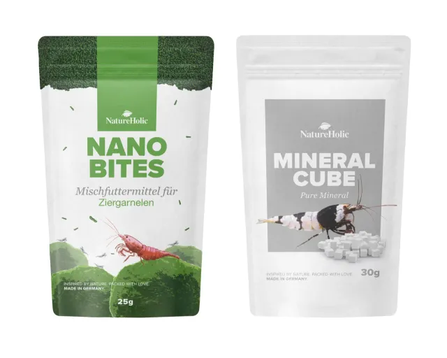 NatureHolic Nano Bites Garnelenfutter Set mit Mineralcube