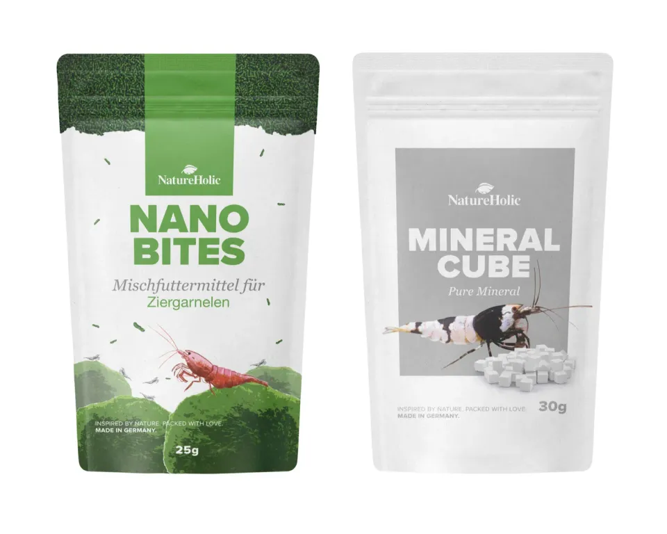 NatureHolic Nano Bites Garnelenfutter Set mit Mineralcube