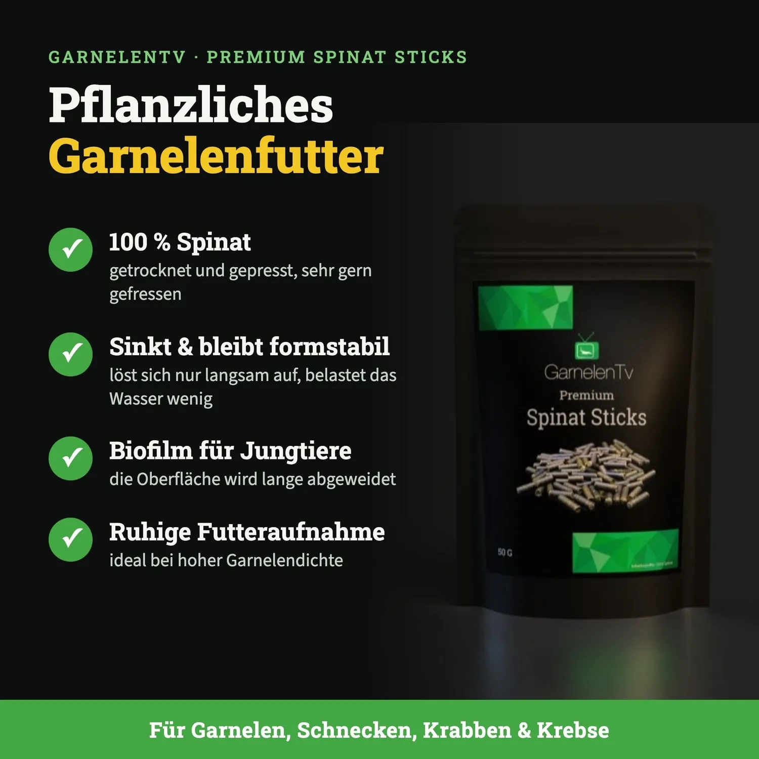 GarnelenTv Spinat Sticks Garnelenfutter 50 g 100% Spinat