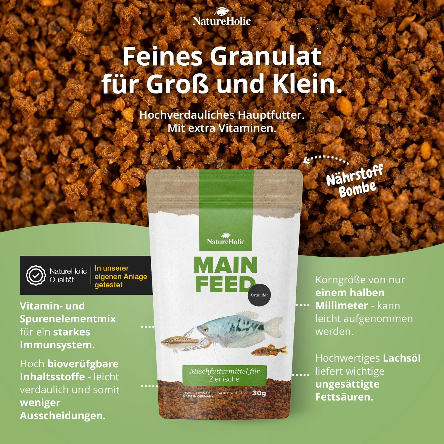 NatureHolic Hauptfeed Granulat Zierfischfutter 30 g Lachsöl