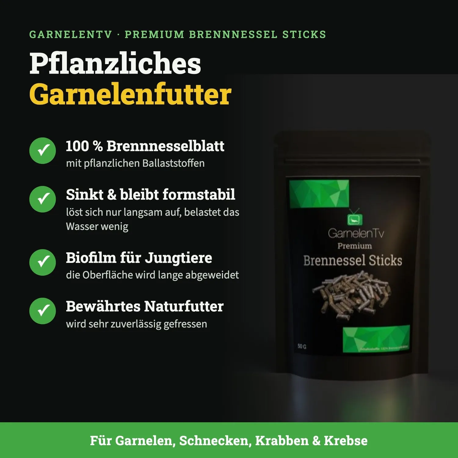 GarnelenTv Premium Brennnessel Sticks Garnelenfutter 50g Natur