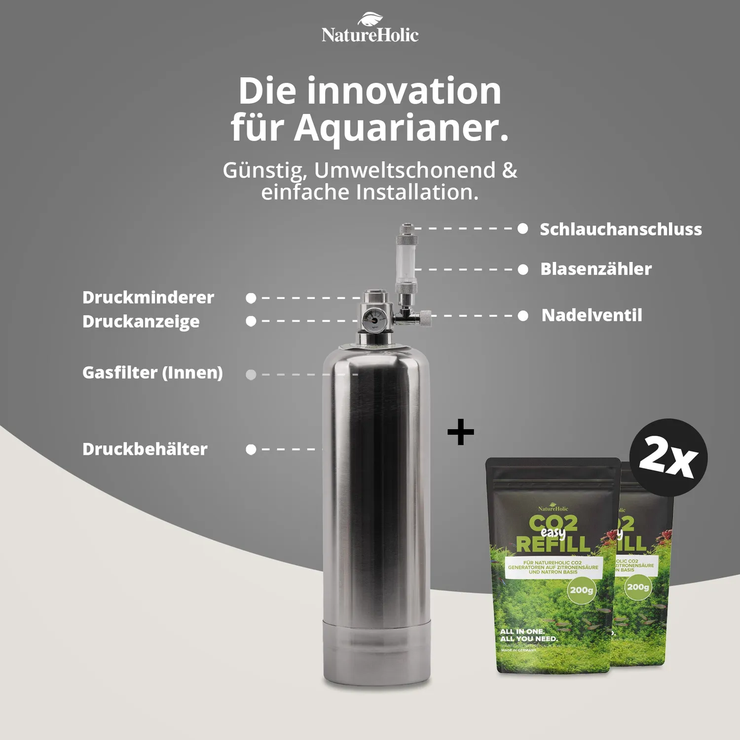NatureHolic CO2 Generator Edelstahl-Anlage 2 Liter