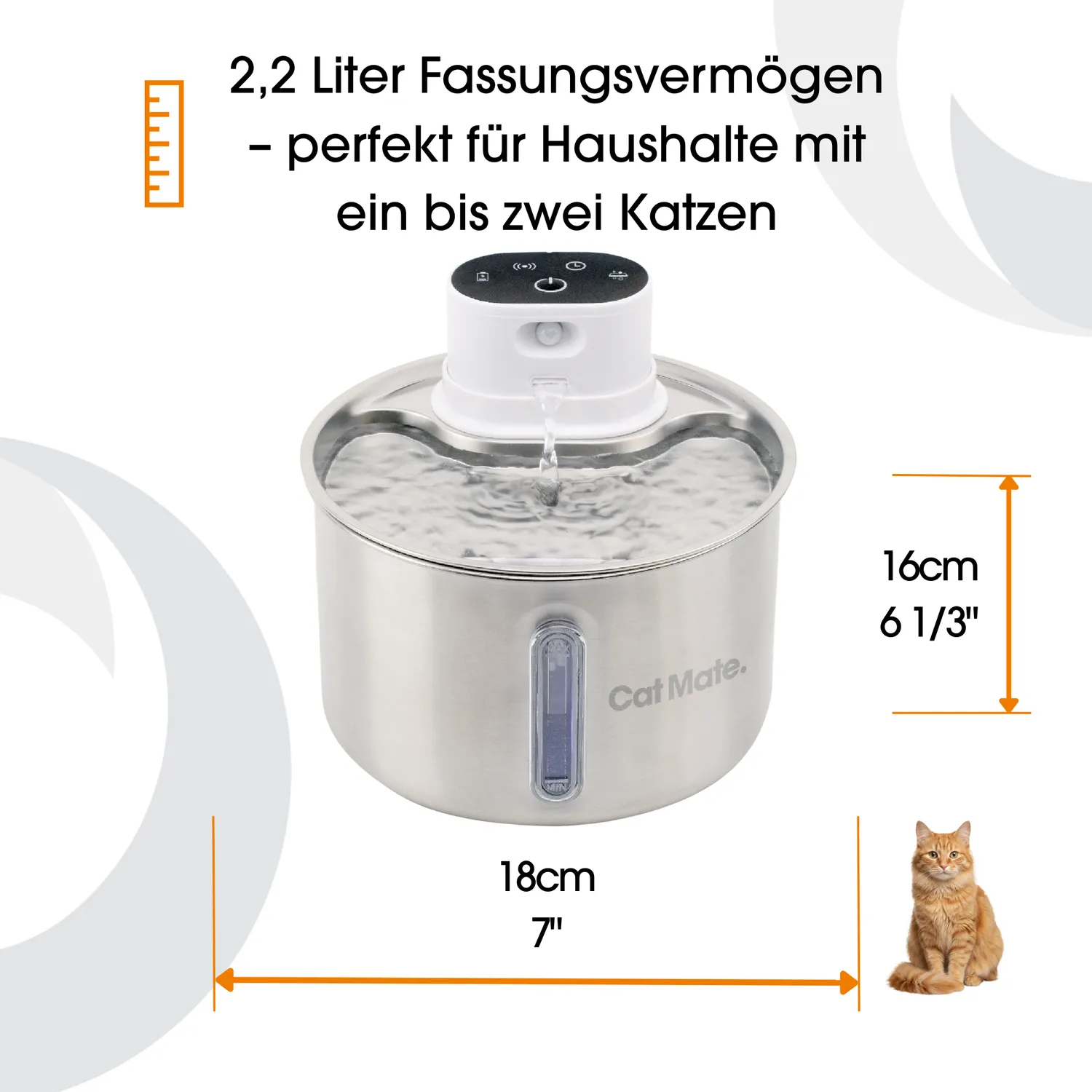 Closer Pets Cat Mate Trinkbrunnen Edelstahl 2,2 Liter kabellos