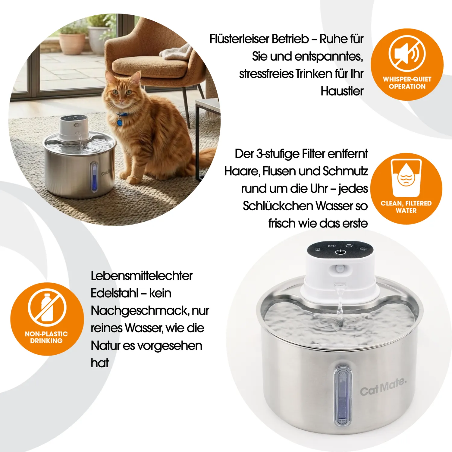 Closer Pets Cat Mate Trinkbrunnen Edelstahl 2,2 Liter kabellos